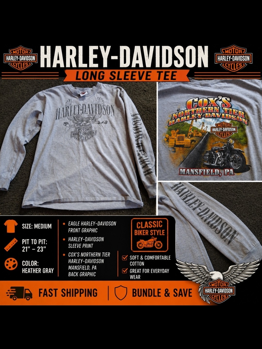 Harley-Davidson Heather Gray Long Sleeve Tee with Colorful Back Graphic